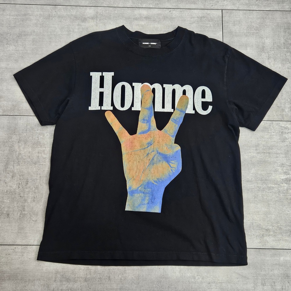 Homme + Femme LA Graphic T-Shirt Mens Large Black Cotton West Coast Hand Sign
